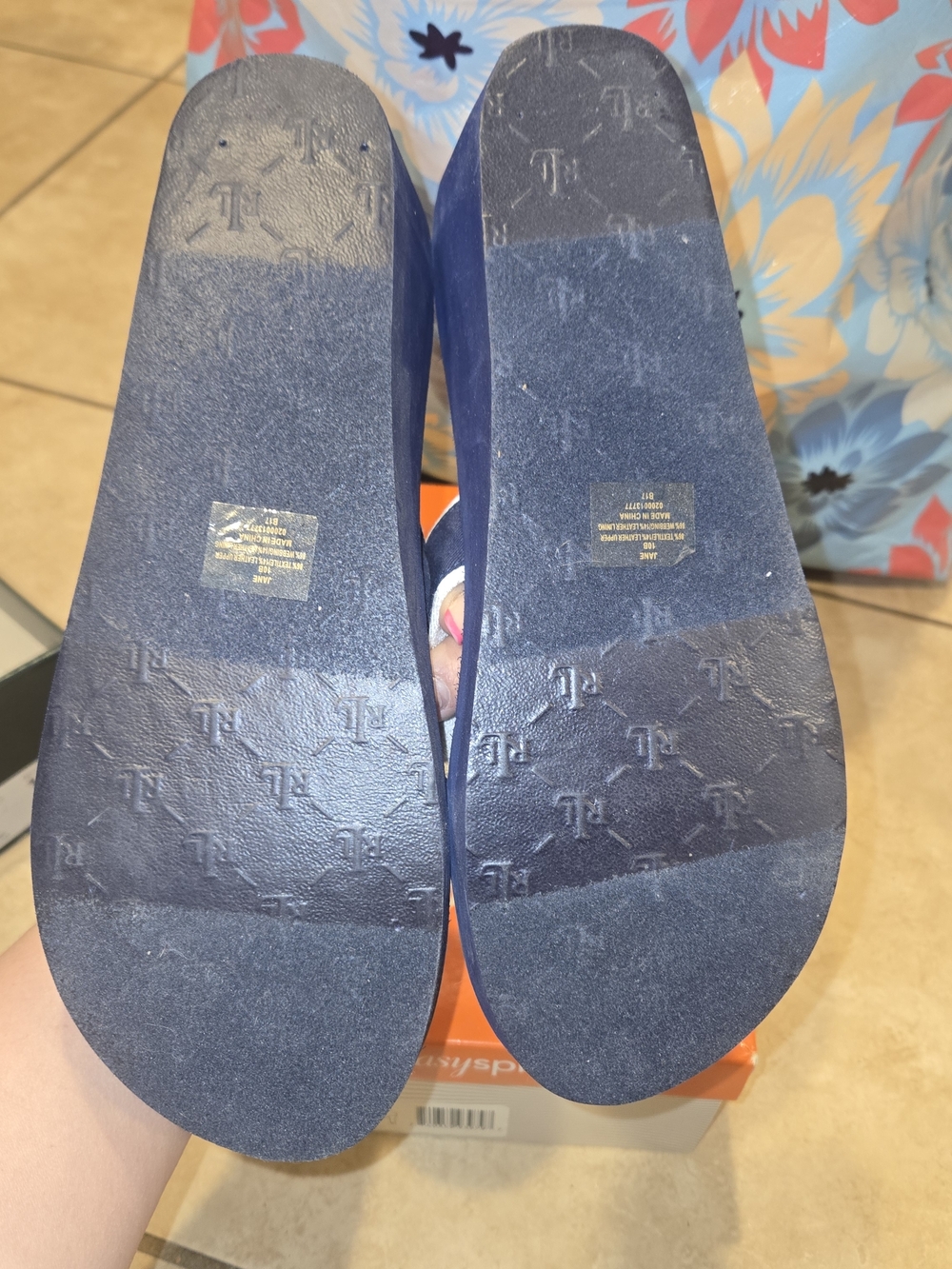 LAUREN Ralph Lauren Navy Blue Wedge Thong Sandals with Tan Accent - Picture 3 of 3